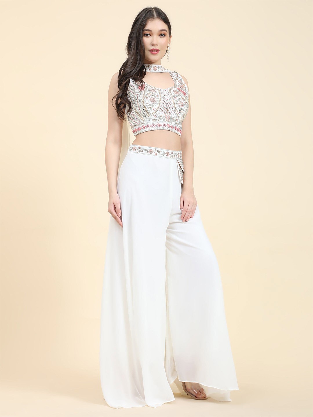 

Phenav 3-Piece Embroidered Ethnic Top & Palazzo With Dupatta, Cream