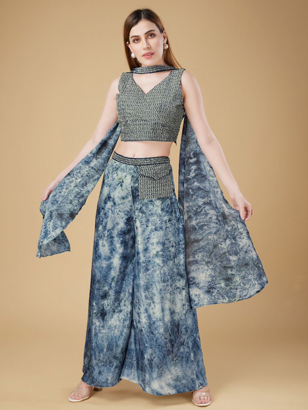 

Phenav 3Pcs Embellished Top & Palazzos Duppata, Blue