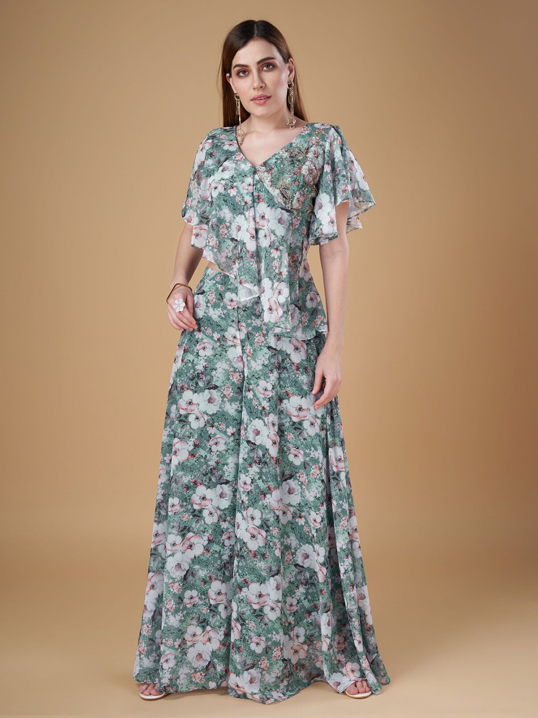 

Phenav Floral Printed Top & Palazzo, Turquoise blue