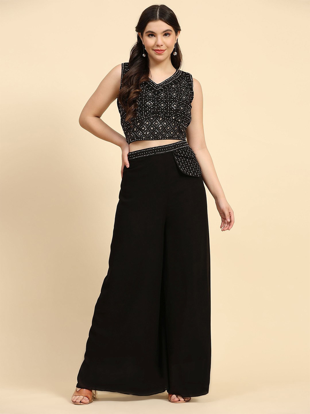 

Phenav 3-Piece Embroidered Ethnic Top & Palazzo With Dupatta, Black