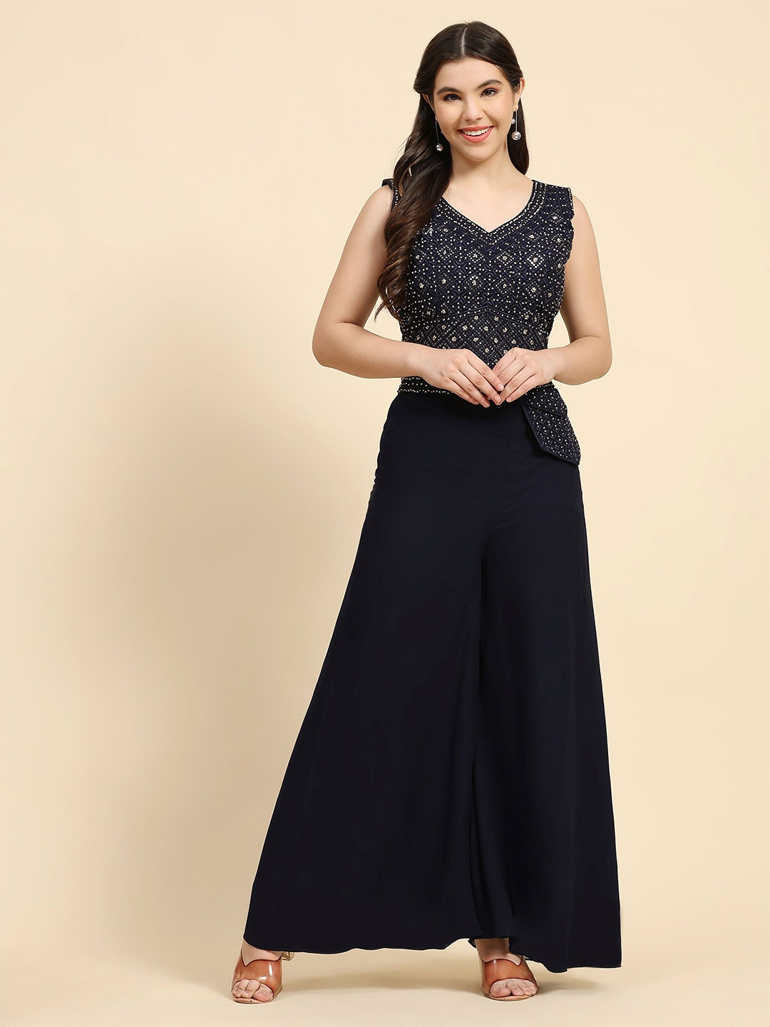 

Phenav Embroidered Sweetheart Neck Top & Flared Palazzo & Dupatta, Blue