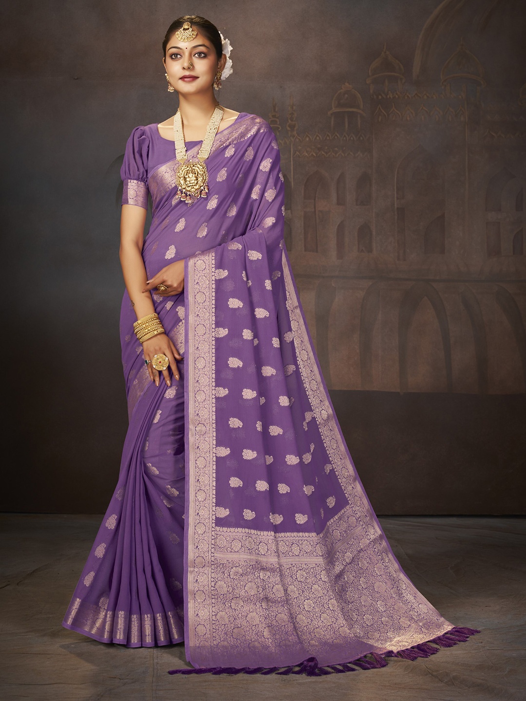 

FLOURIOUS Ethnic Motifs Woven Design Pure Georgette Banarasi Zari Saree, Purple