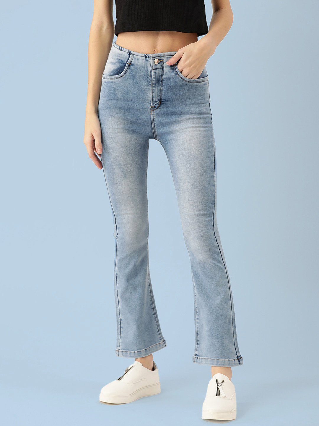 

urSense Women Bootcut High-Rise Heavy Fade Zip Clean Look Stretchable Jeans, Blue