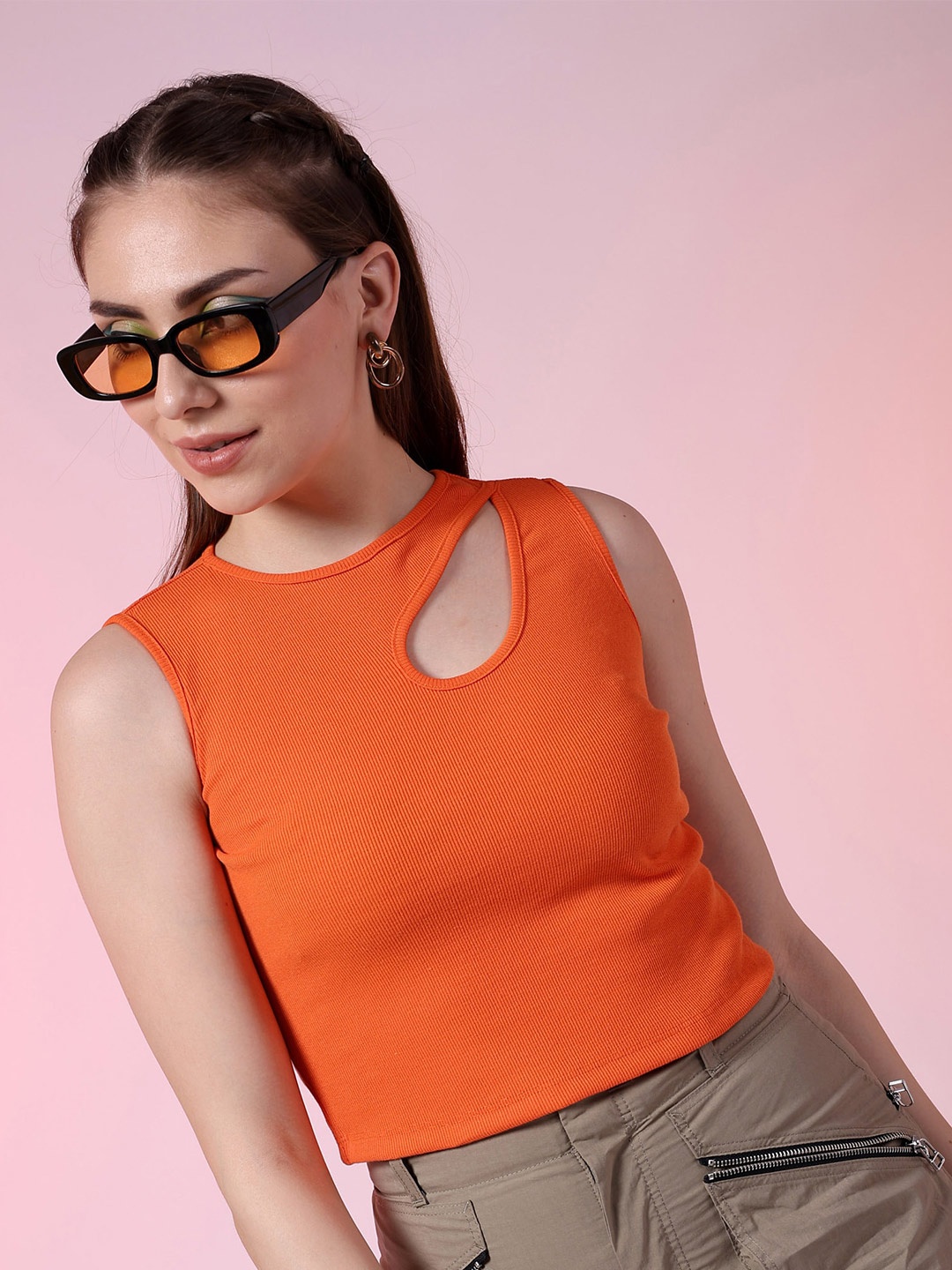 

Freehand by The Indian Garage Co Women Round Neck Opaque Crop Top, Orange