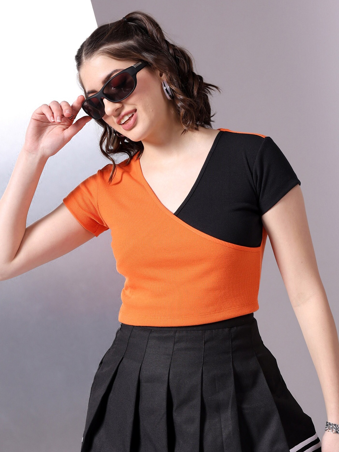 

Freehand by The Indian Garage Co Colourblocked Opaque Crop Top, Orange