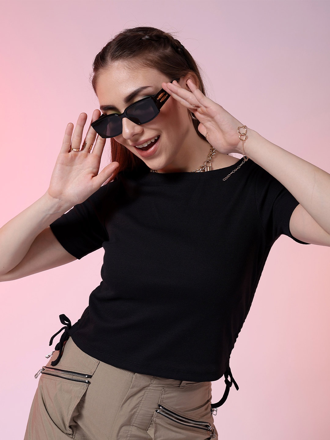 

Freehand by The Indian Garage Co Women Round Neck Opaque Crop Top, Black