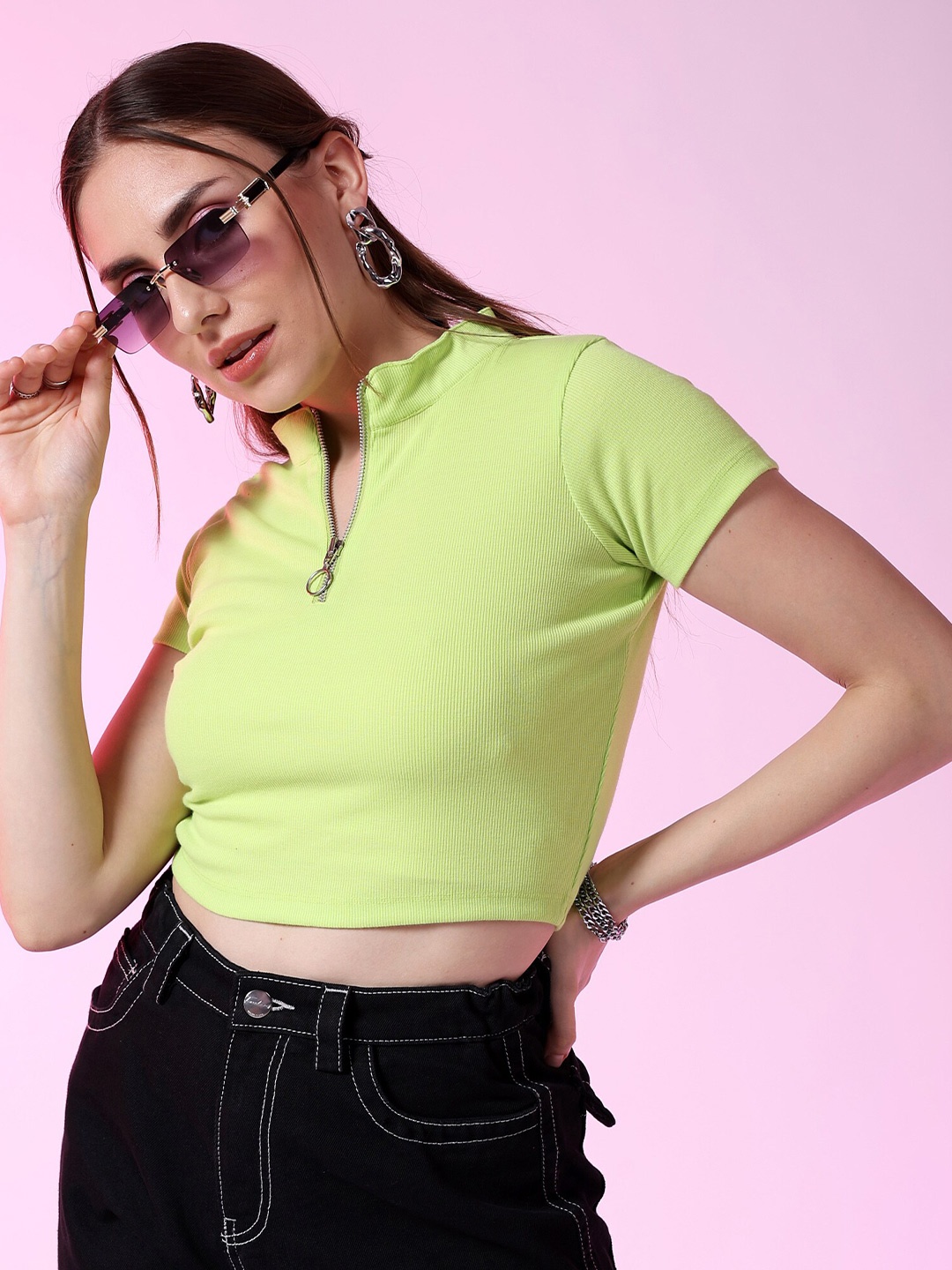 

Freehand by The Indian Garage Co Women Mandarin Collar Opaque Crop Top, Green