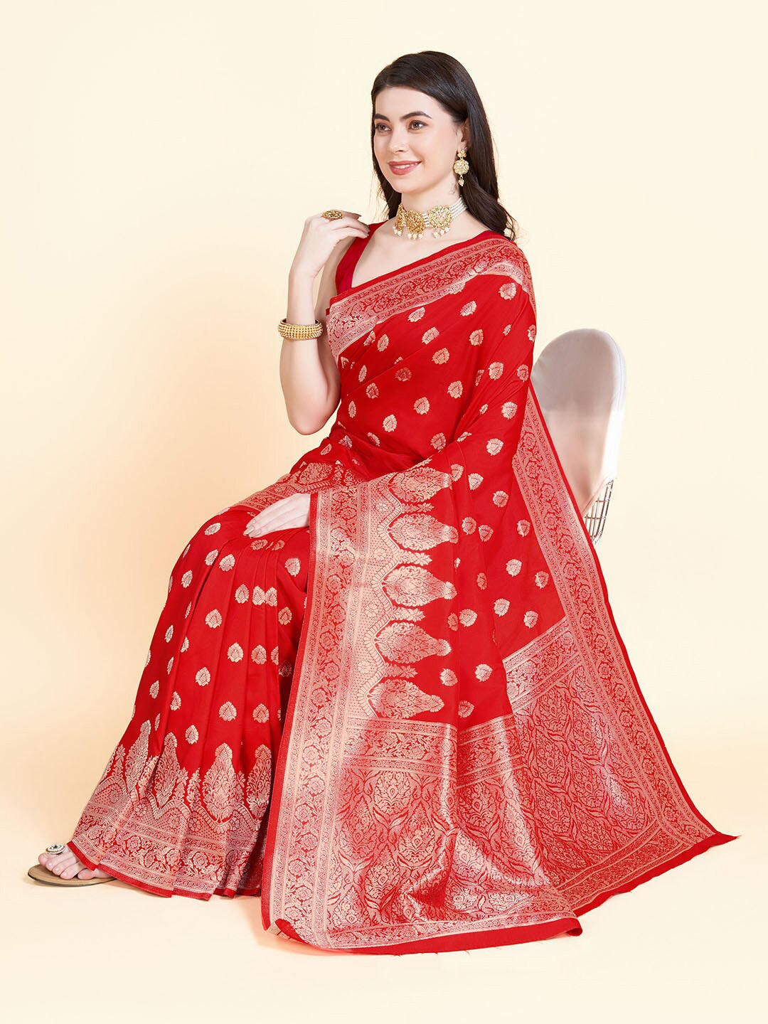 

RAJ DHARMA SILK Woven Design Zari Banarasi Saree, Red