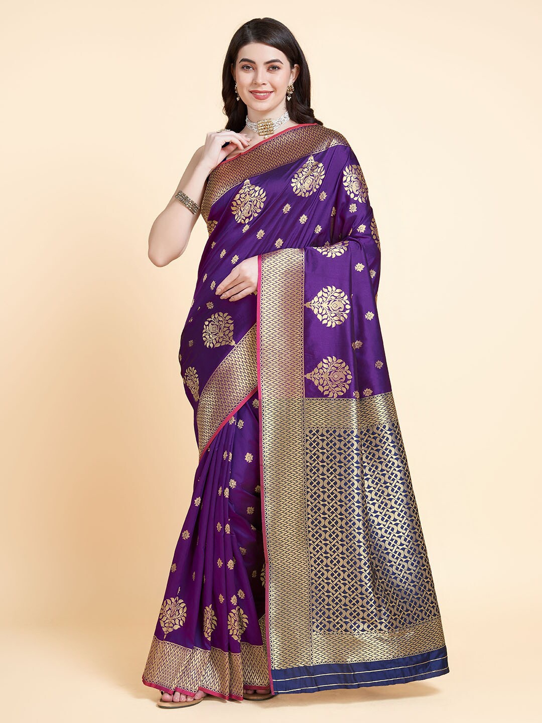 

RAJ DHARMA SILK Ethnic Motif Woven Design Zari Silk Paithani Saree, Purple