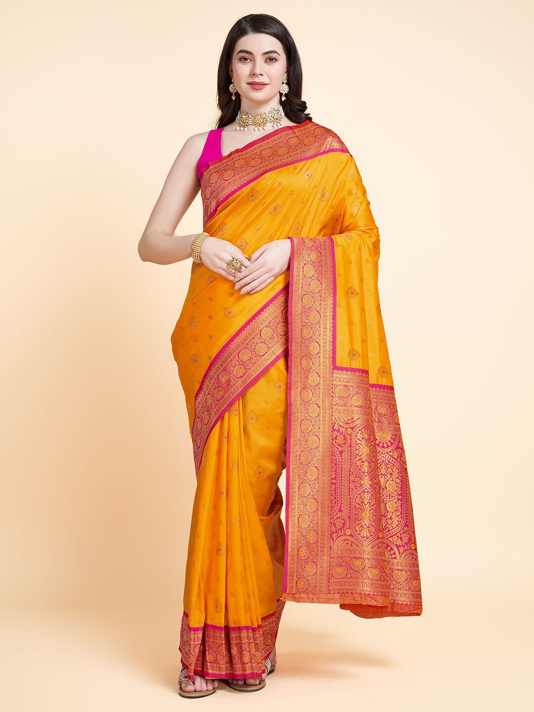 

RAJ DHARMA SILK Ethnic Motif Woven Design Zari Silk Saree, Yellow