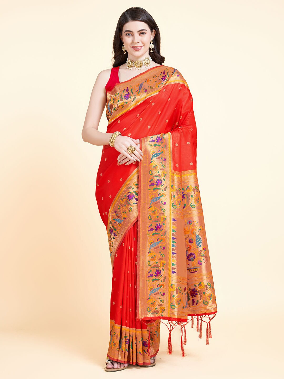 

RAJ DHARMA SILK Woven Design Zari Paithani Saree, Red