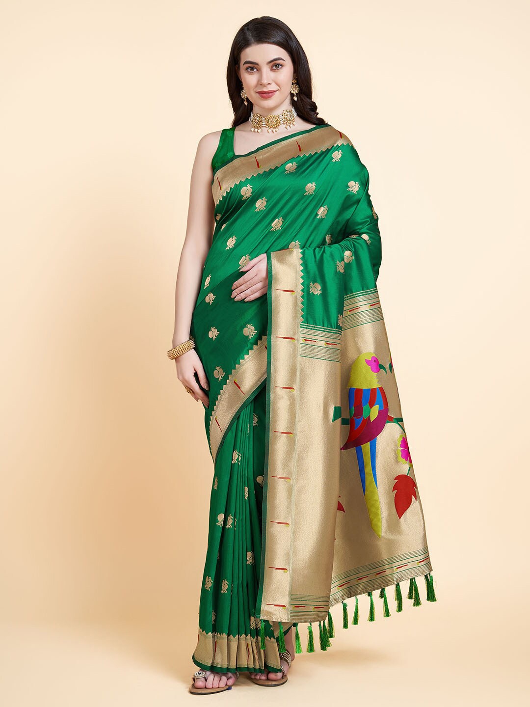 

RAJ DHARMA SILK Floral Woven Design Zari Silk Paithani Saree, Green