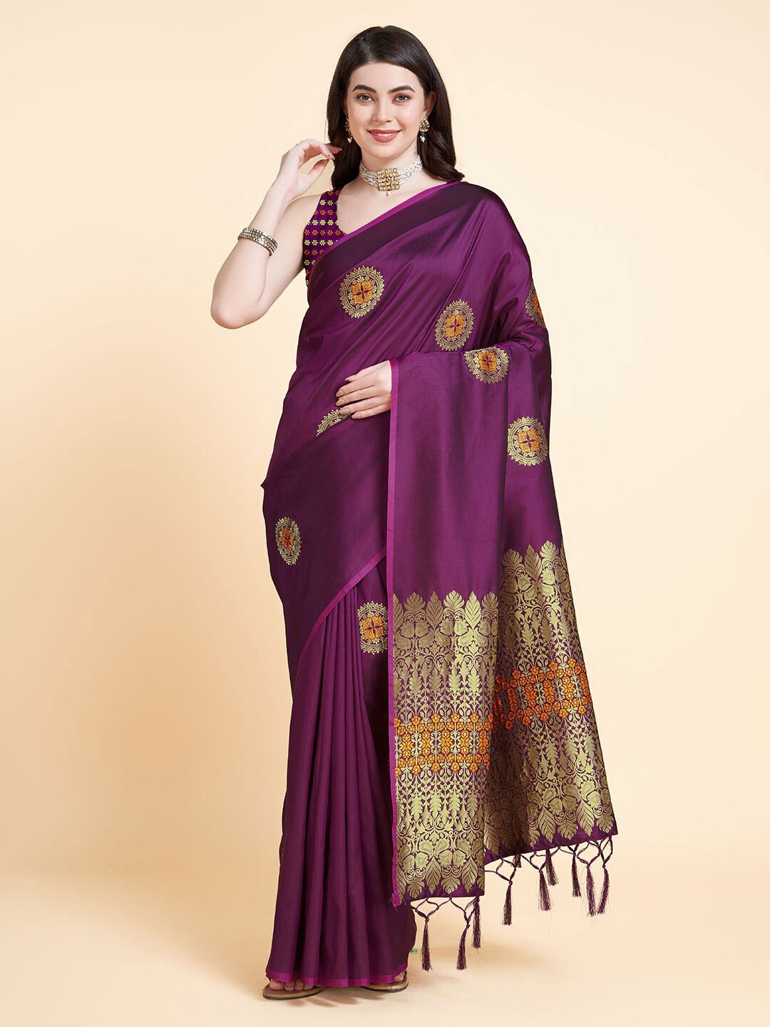 

RAJ DHARMA SILK Floral Woven Design Zari Silk Banarasi Saree, Purple