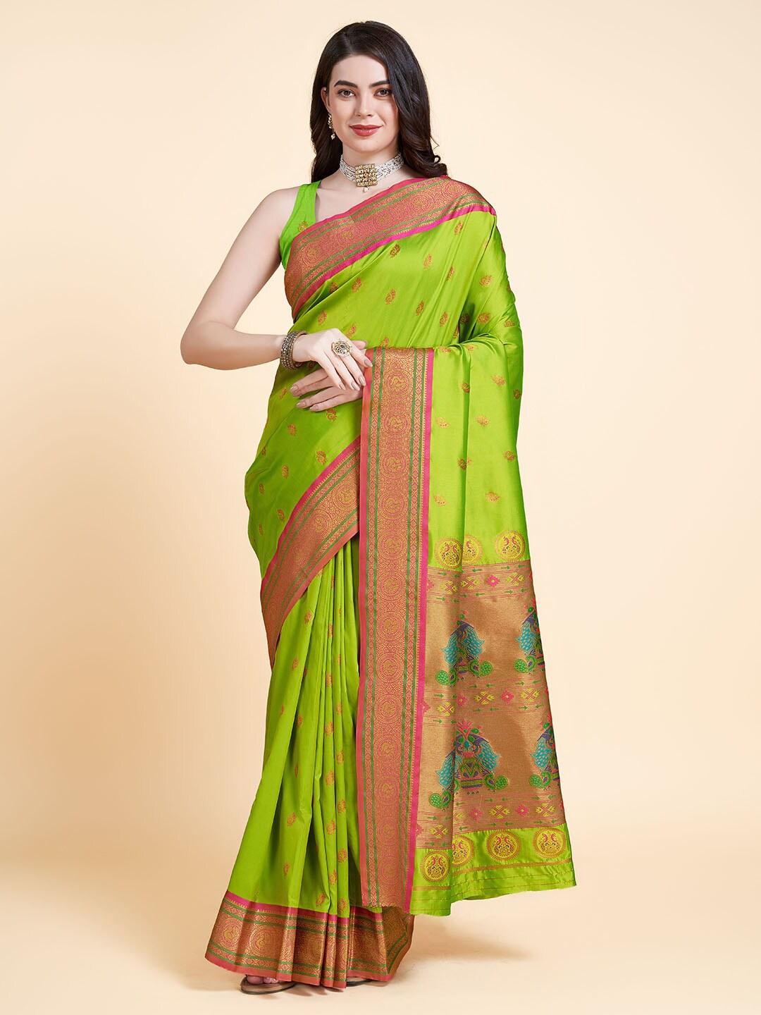 

RAJ DHARMA SILK Woven Design Zari Paithani Saree, Green