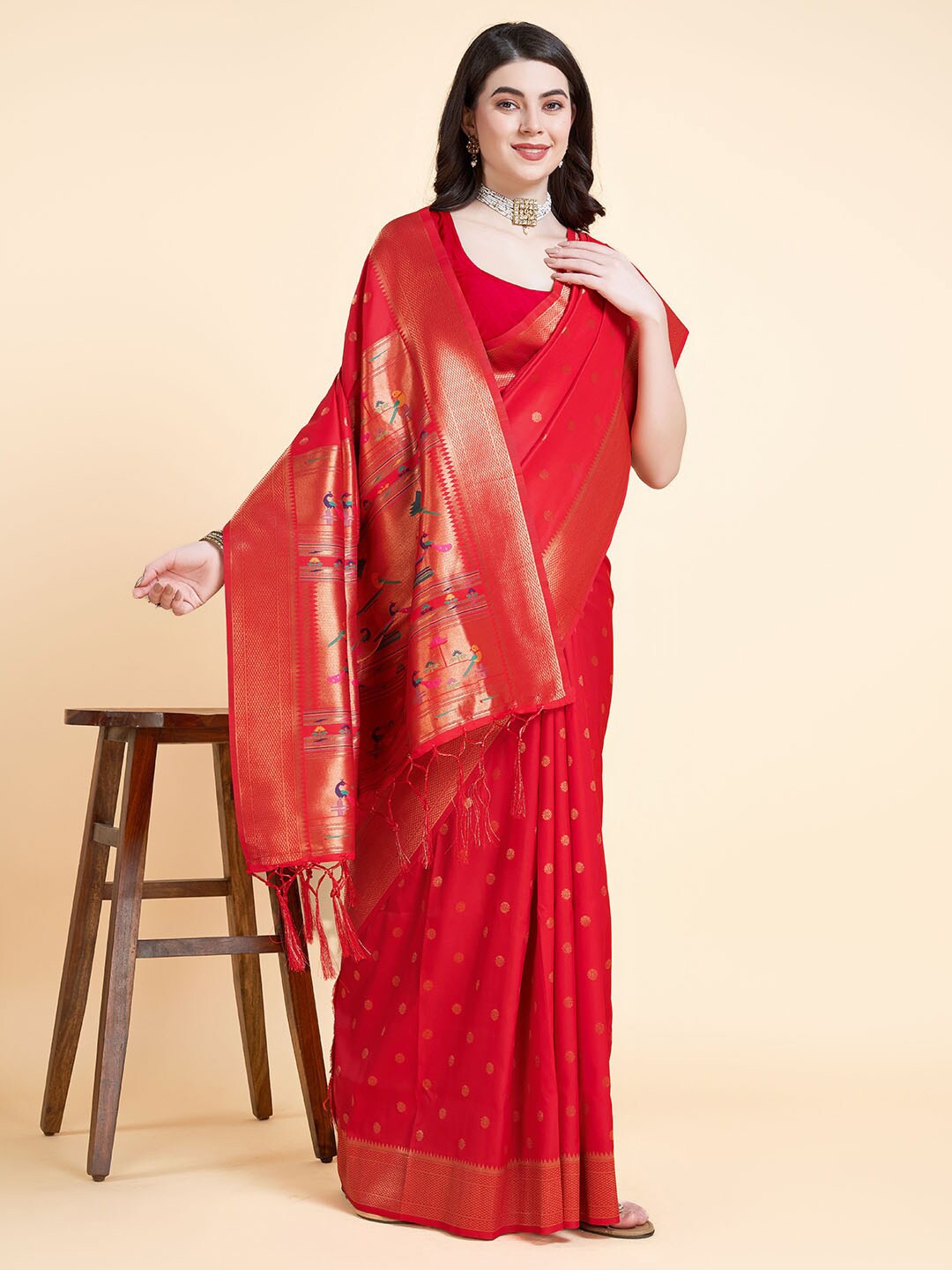 

RAJ DHARMA SILK Floral Woven Design Zari Silk Paithani Saree, Red