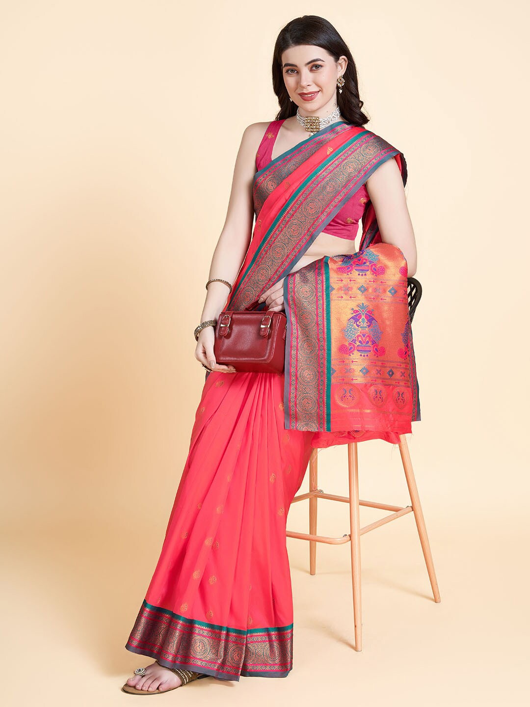 

RAJ DHARMA SILK Woven Design Zari Paithani Saree, Coral