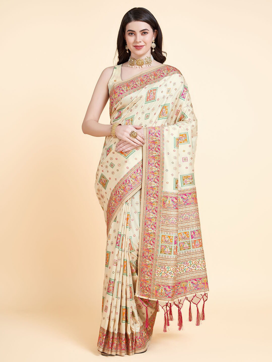 

RAJ DHARMA SILK Woven Design Zari Chanderi Saree, Beige