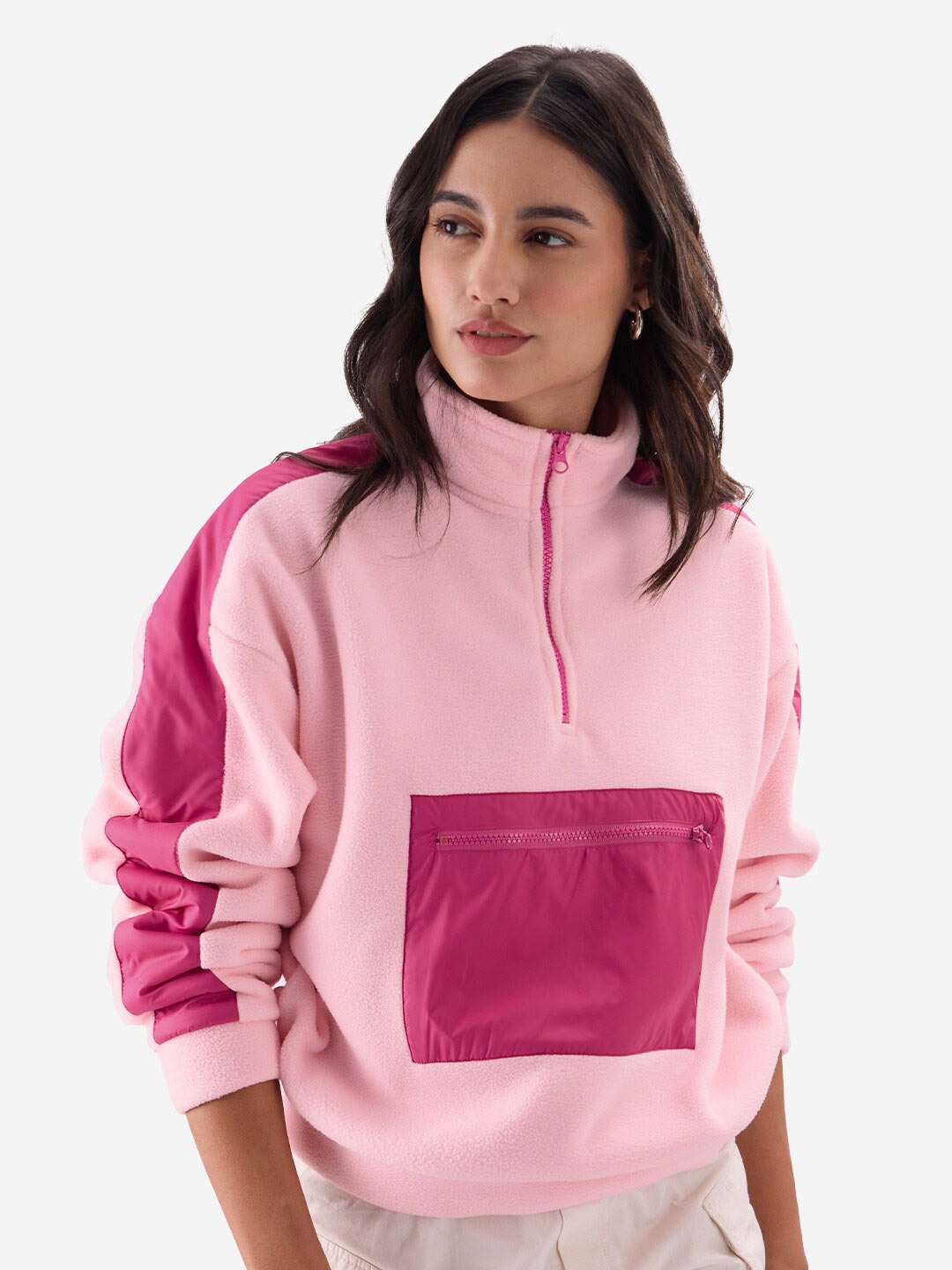 

The Souled Store Colourblocked Mock Collar Sweatshirt, Pink