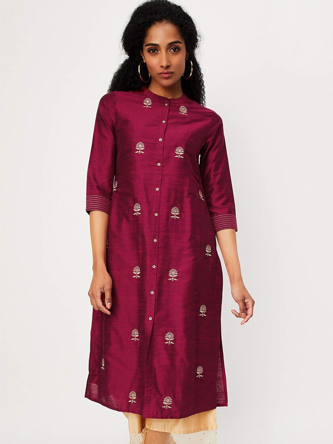 

max Embroidered Mandarin Collar Three Quarter sleeves Regular A Line Kurta, Pink
