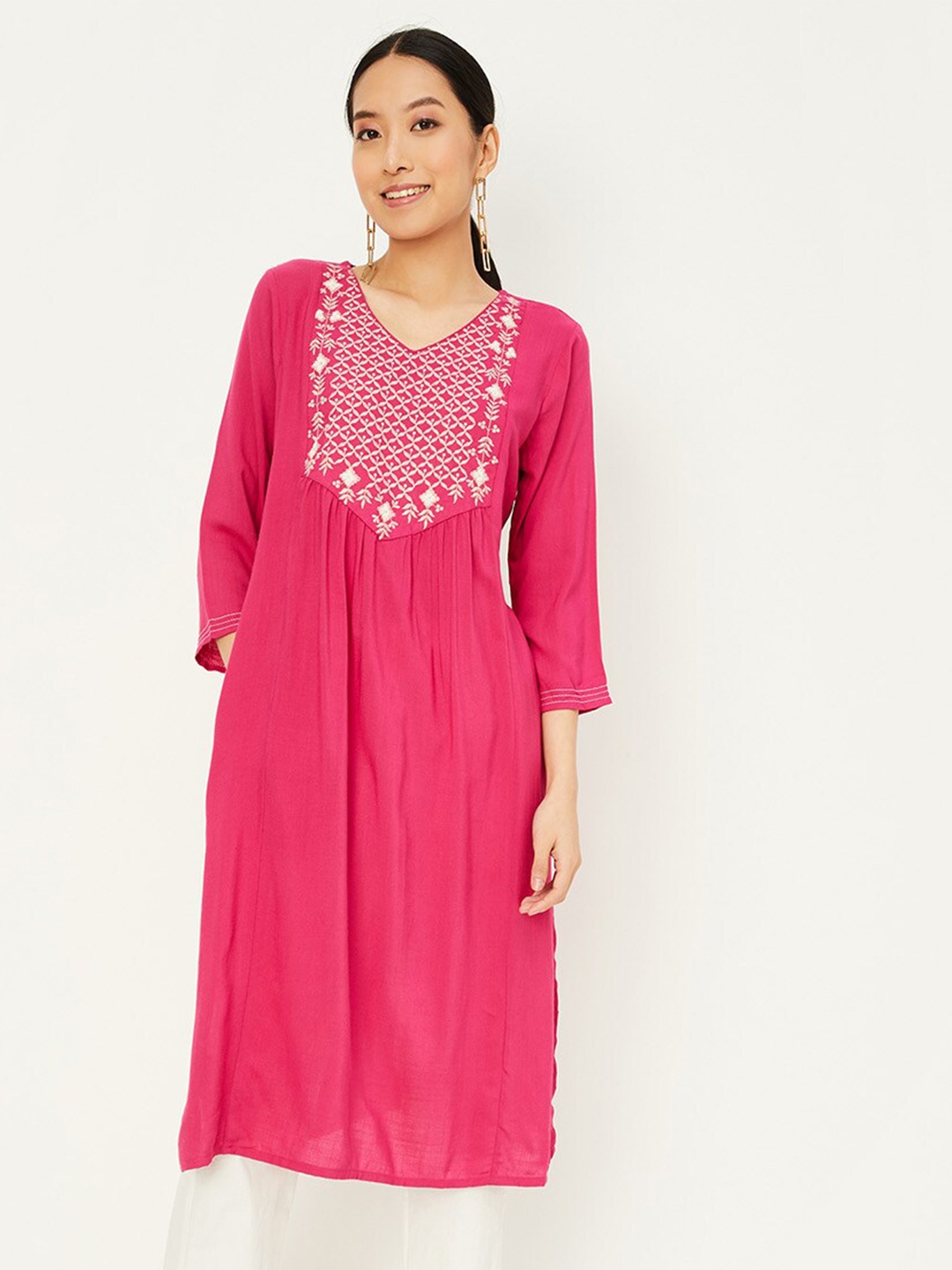 

max Embroidered Thread Work V Neck Pleated A Line Kurta, Pink