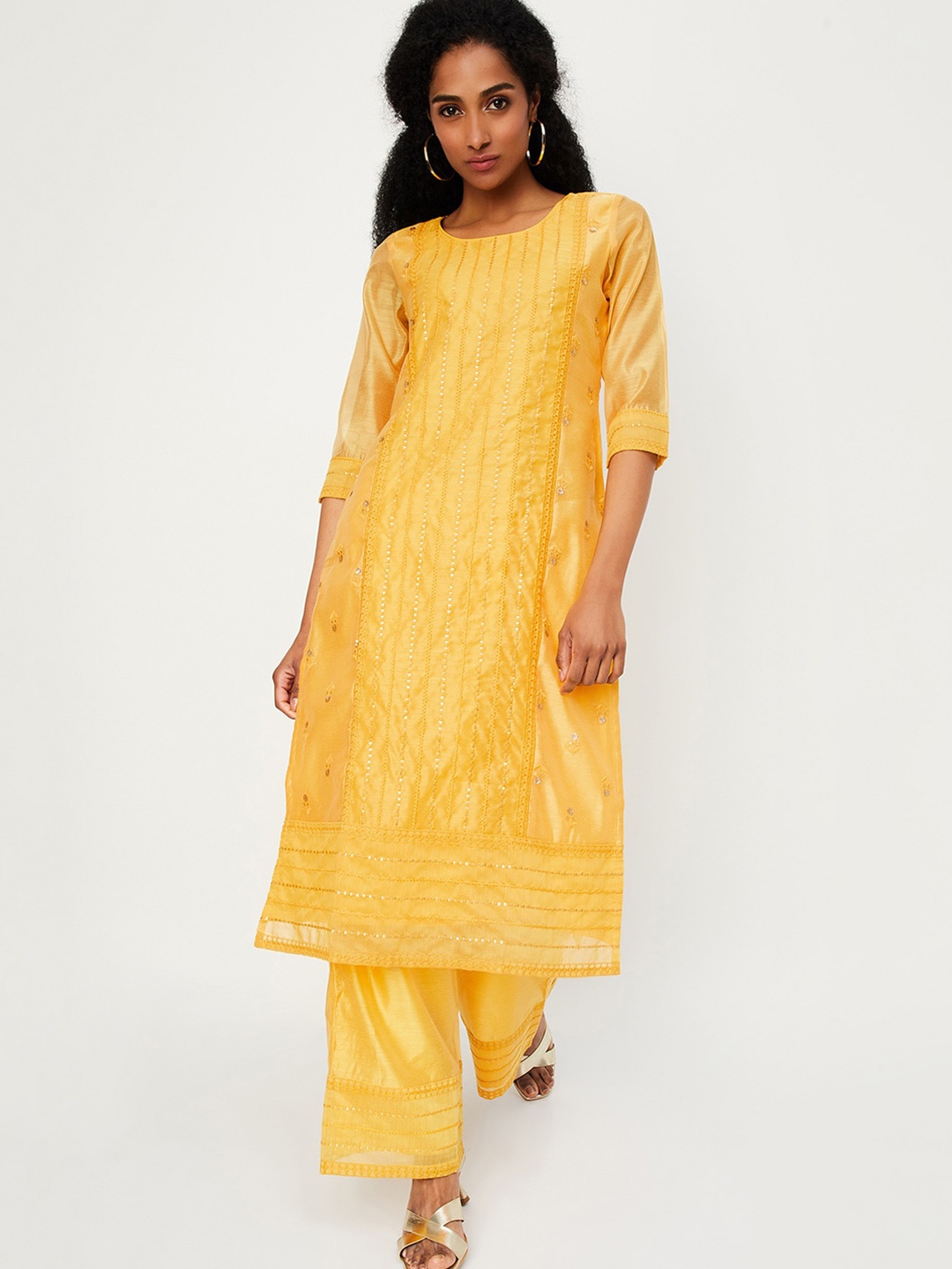 

max Ethnic Motifs Embroidered Sequinned Round Neck Straight Kurta, Yellow
