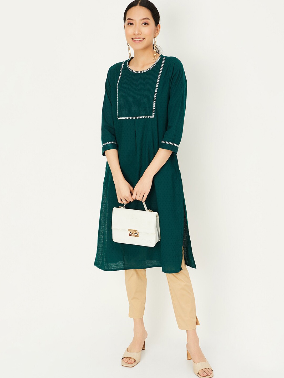 

max Cotton Lace Pleated Kurta with Pocket, Blue