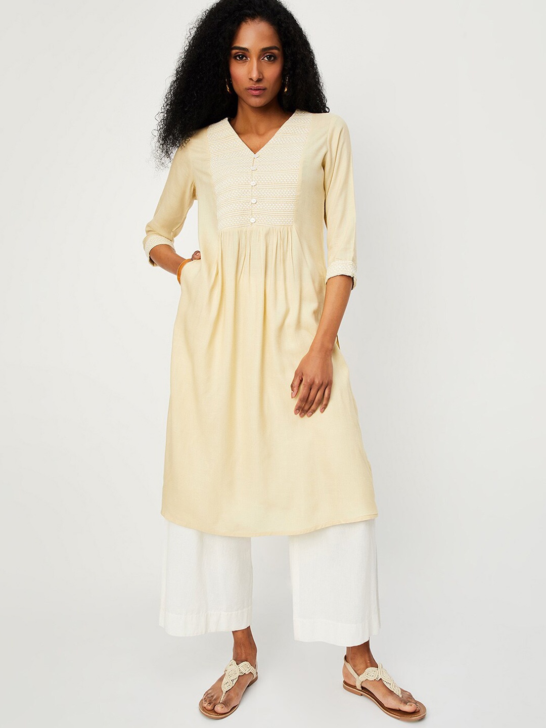 

max Embroidered V Neck Straight Kurta, Beige