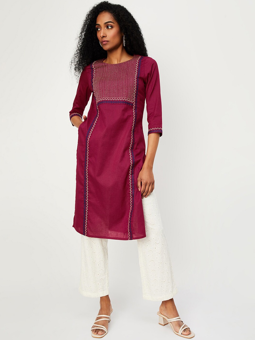 

max Cotton Embroidered Straight Kurta, Red