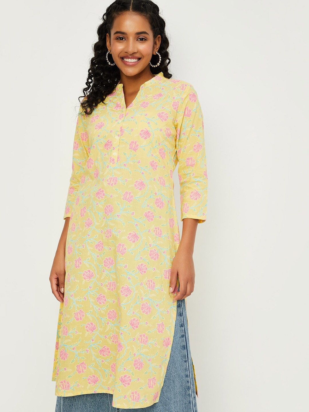 

max Floral Printed Band Collar Neck Straight Kurta, Yellow