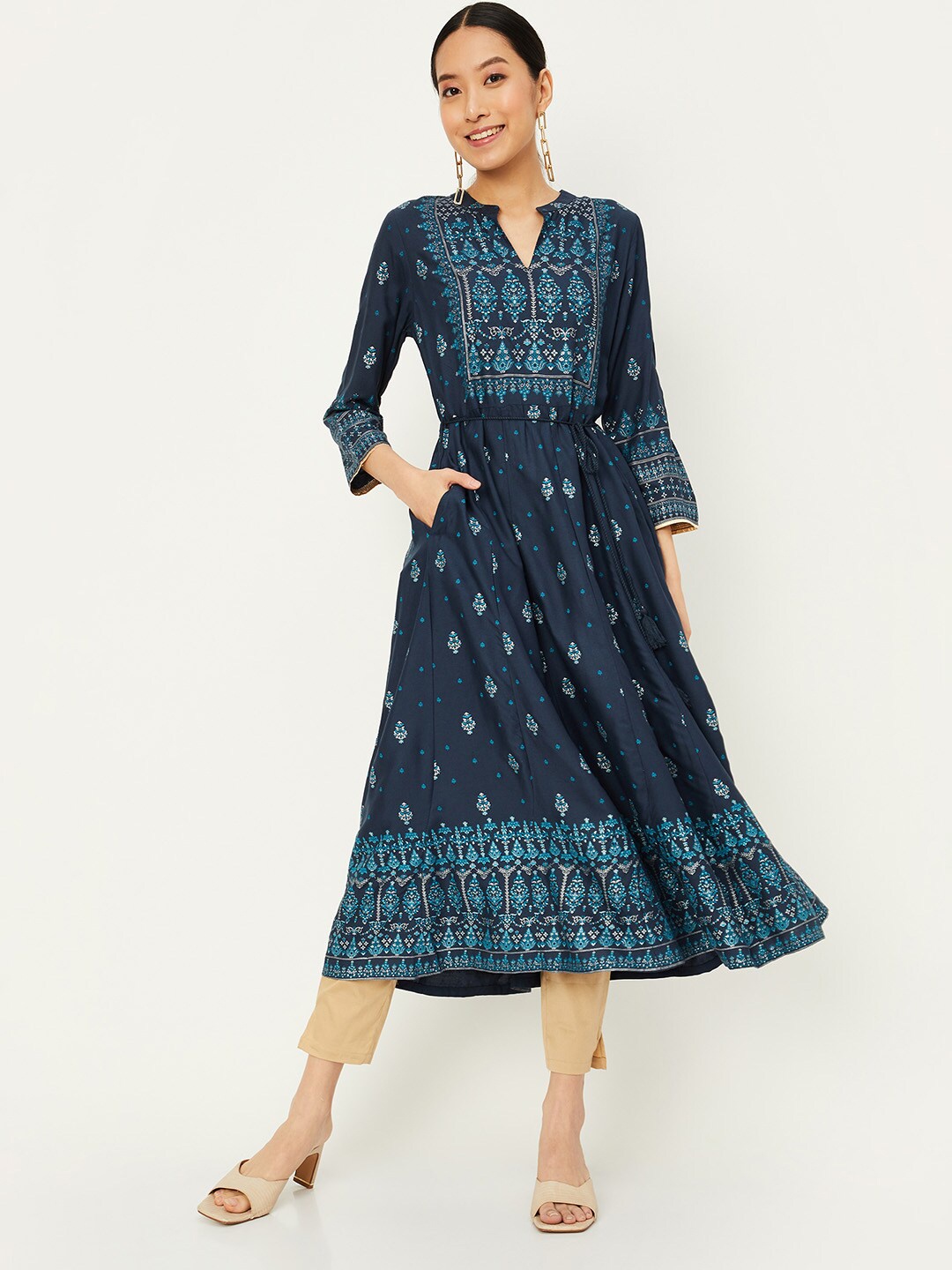 

max Ethnic Motifs Printed Notched Anarkali Kurta, Navy blue