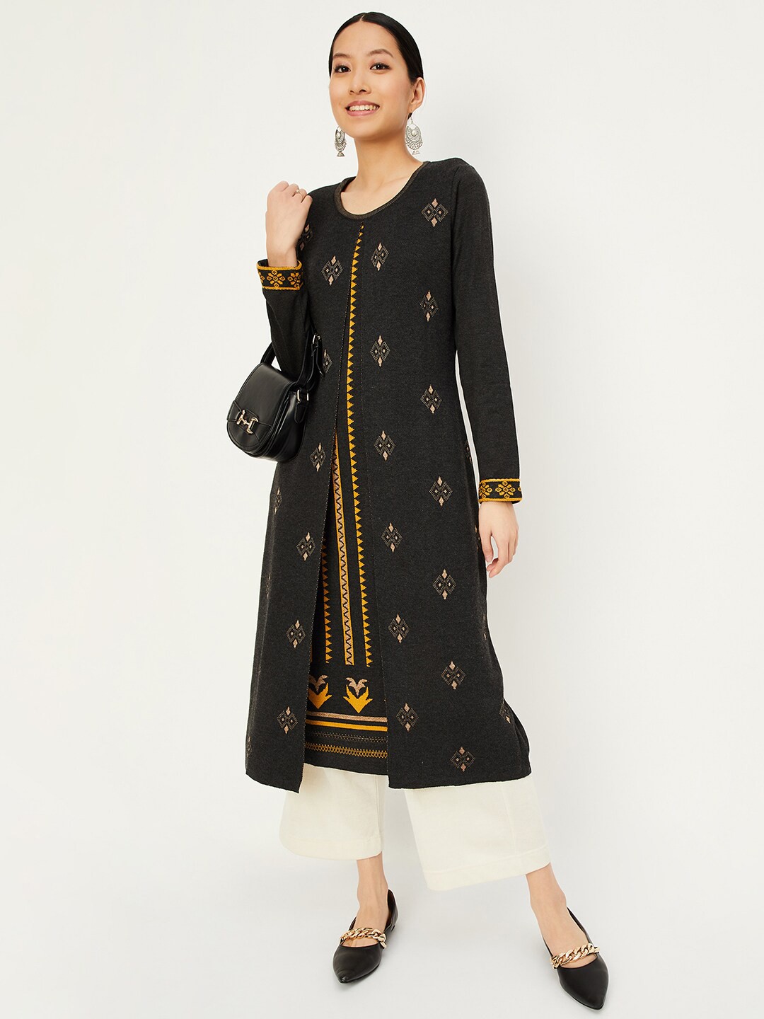 

max Ethnic Motifs Embroidered Round Neck Layered Acrylic Kurta, Grey