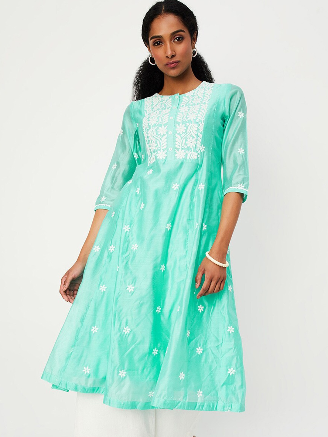 

max Floral Printed Boat Neck Thread Work Cotton Anarkali Kurta, Blue