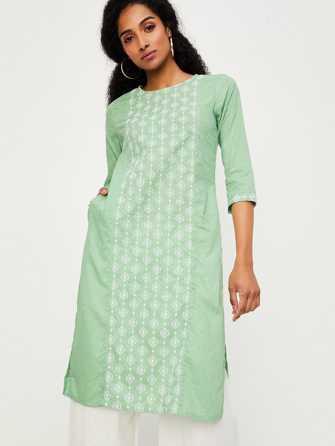 

max Ethnic Motifs Printed Regular Thread Work Round Neck Straight Kurta, Green
