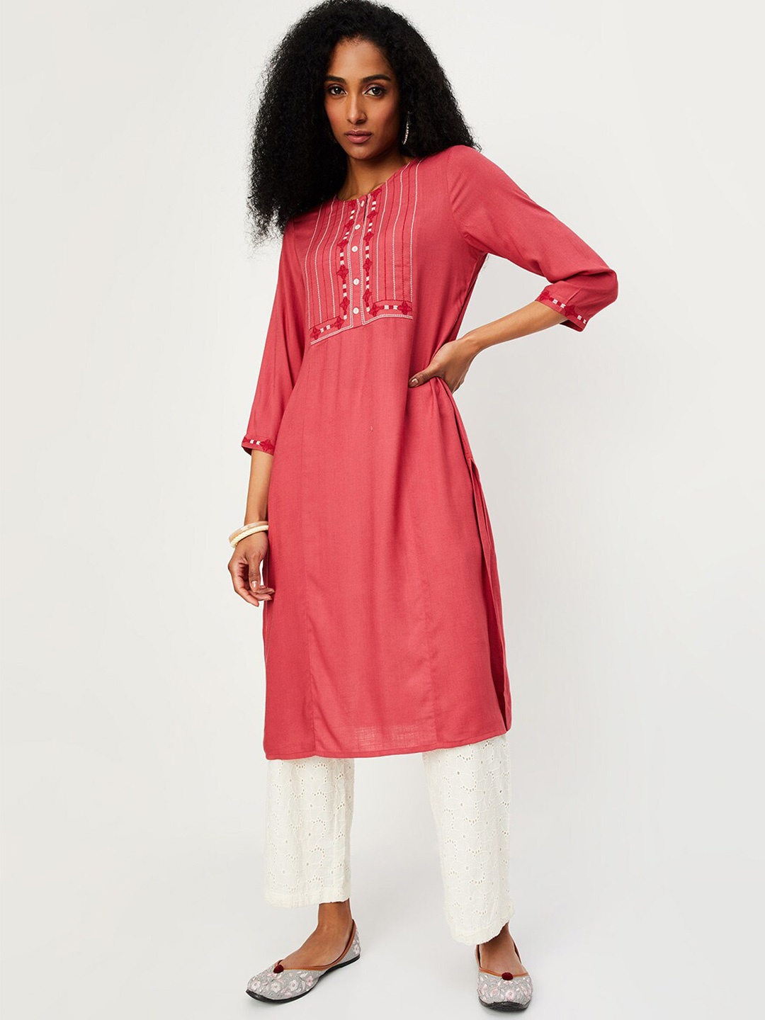 

max Embroidered Regular Thread Work Round Neck Straight Kurta, Coral