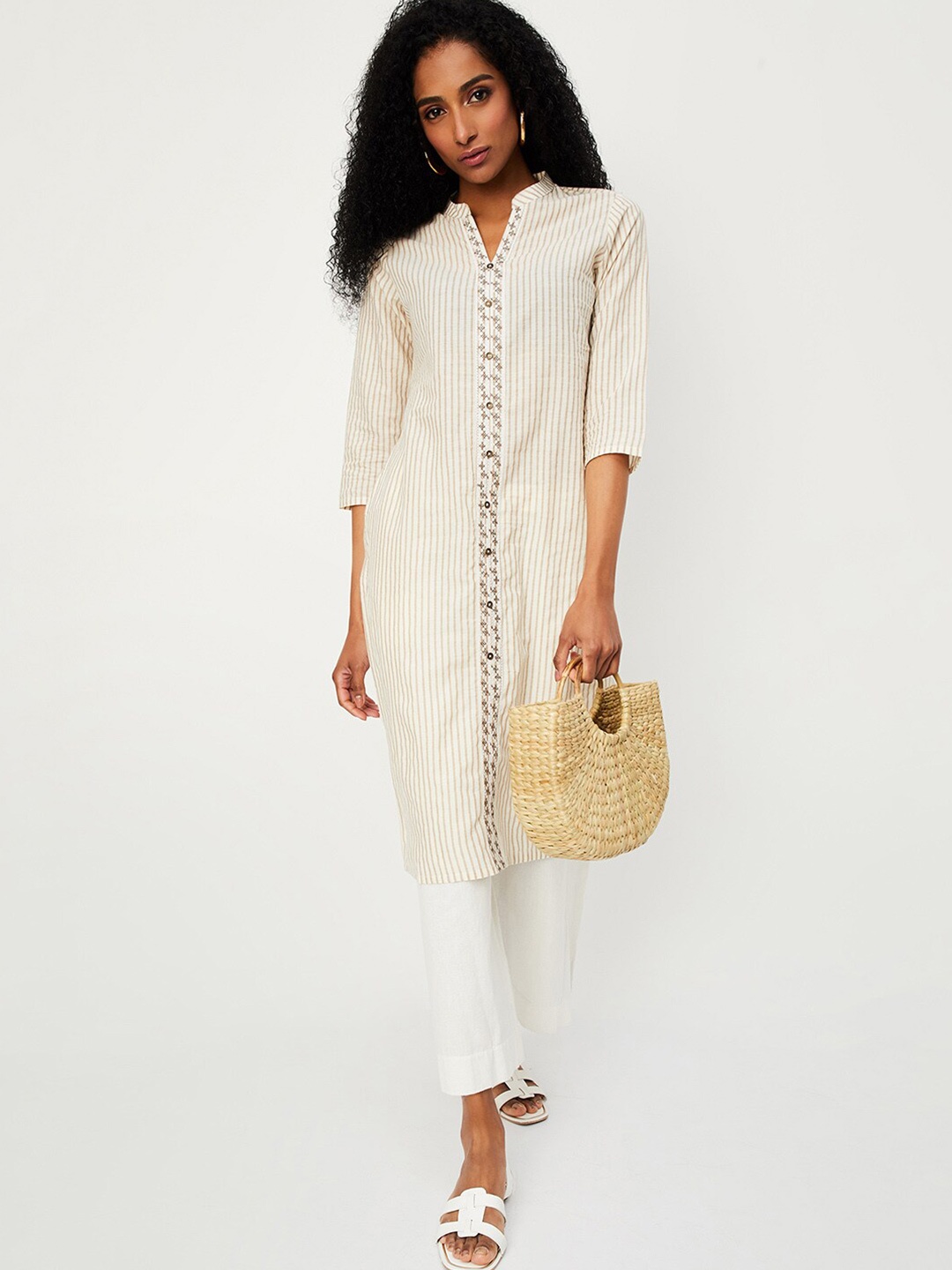 

max Striped Mandarin Collar Kurta, Beige