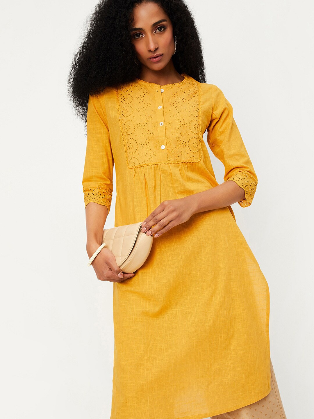 

max Schiffli Textured Yoke Design Pleated Kurta, Yellow