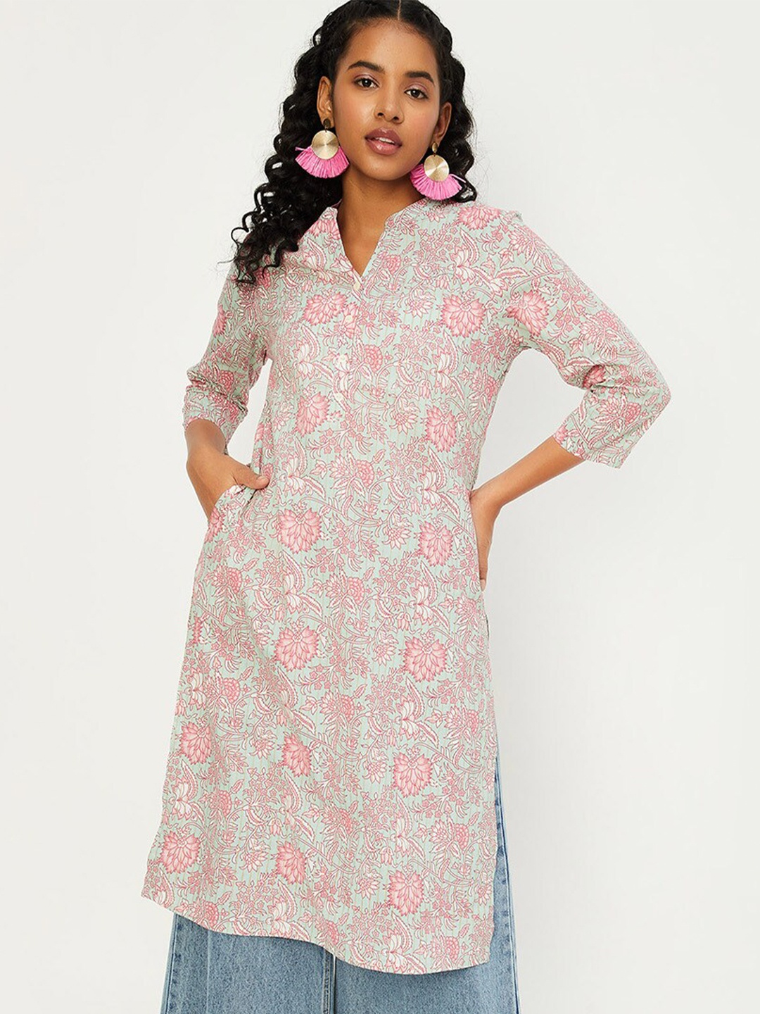 

max Floral Printed Mandarin Collar Kurta, Blue