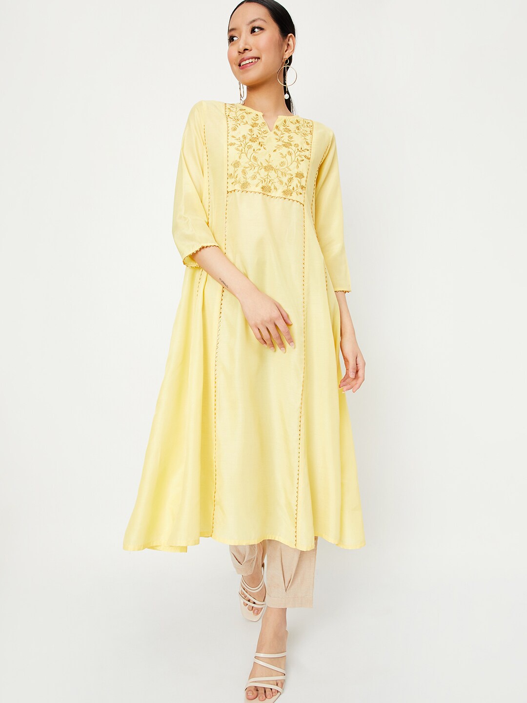 

max Women Thread Work Embroidered Kurta, Yellow