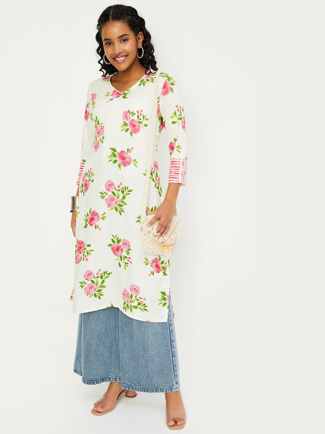 

max Floral Printed Straight Kurta, Off white