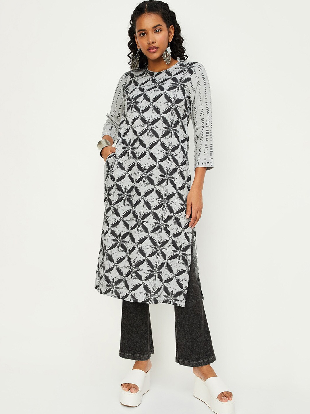 

max Geometric Printed Kurta, Grey