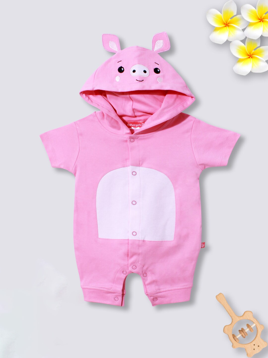 

Moms Love Infants Pig-Face Embroidered Cotton Hooded Romper, Pink