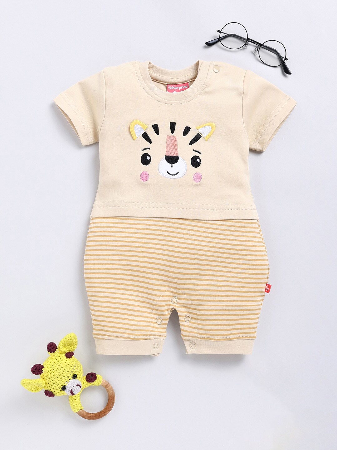 

Moms Love Infant Boys Printed Cotton Rompers, Beige