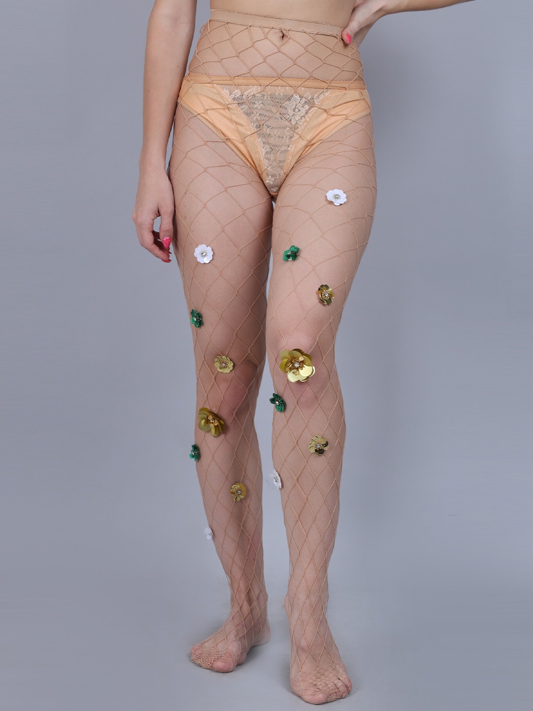 

COLOR STYLE Self Design Rinstone Stocking, Beige