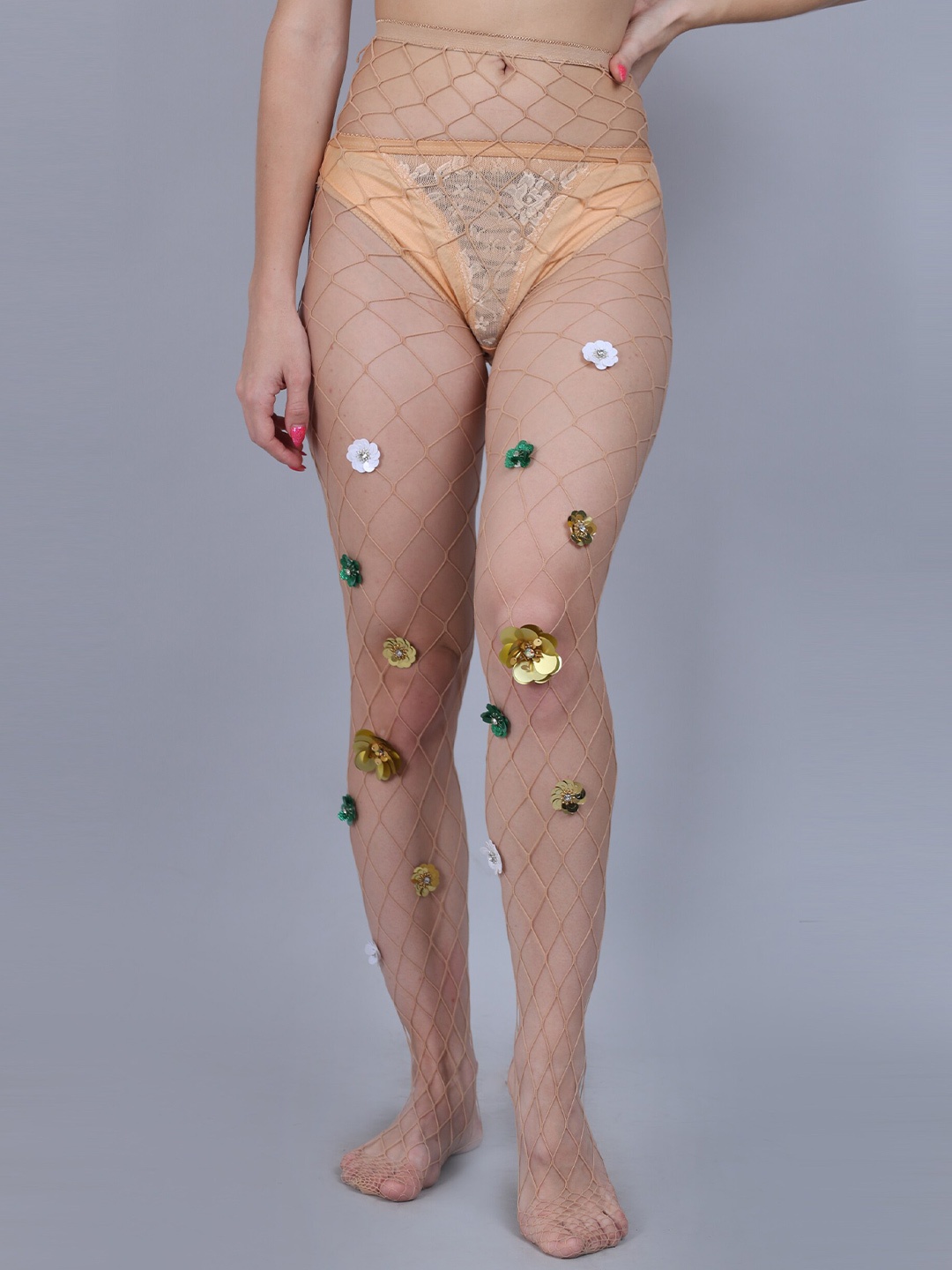

COLOR STYLE Self Design Stretchable Rinstone Stockings, Beige