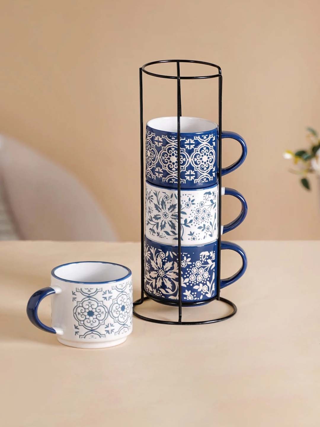 

Nestasia Blue & White 4 Pcs Floral Printed Ceramic Stackable Cups with Stand 240 ml