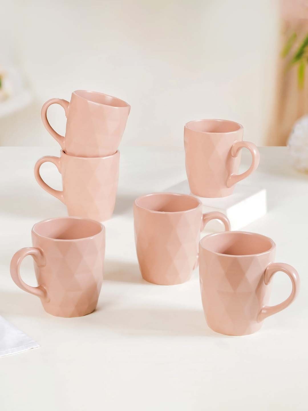 

Nestasia Pink 6 Pcieces Textured Ceramic Dishwasher Safe Mugs 220 Ml