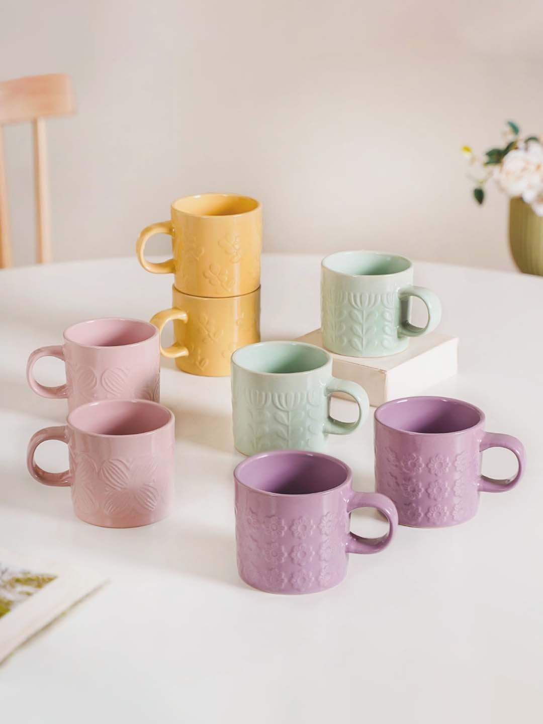 

Nestasia Multicolour 8 Pcs Floral Textured Ceramic Dishwasher Safe Mugs 220 ml, Green