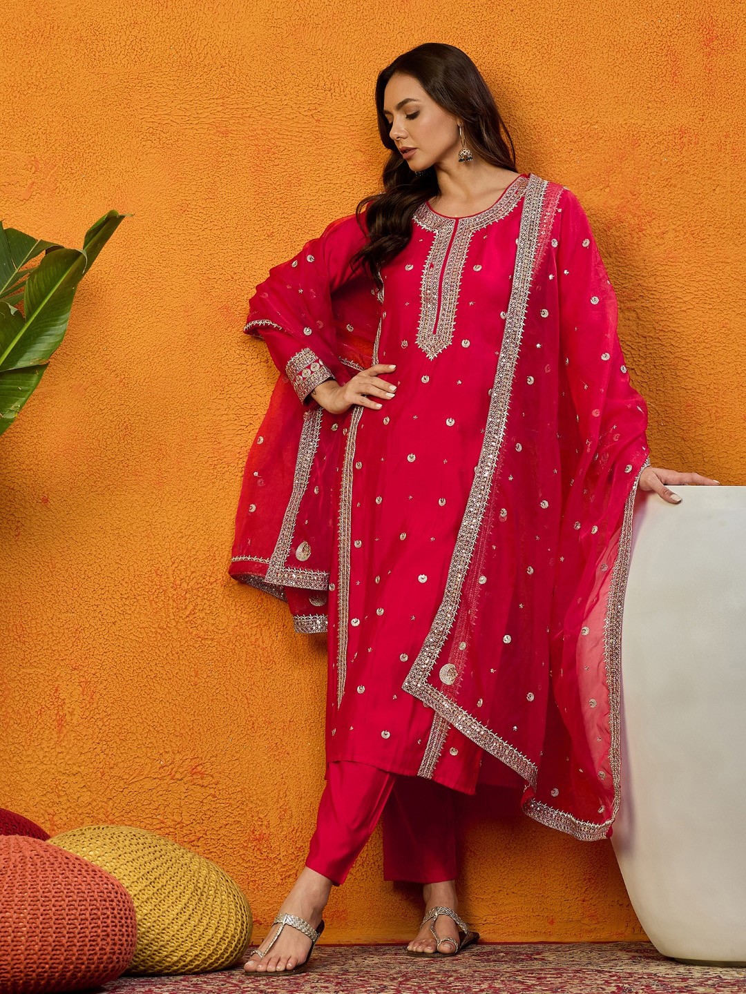 

AHIKA Round Neck Embroidered Straight Kurta with Trousers & Dupatta, Red