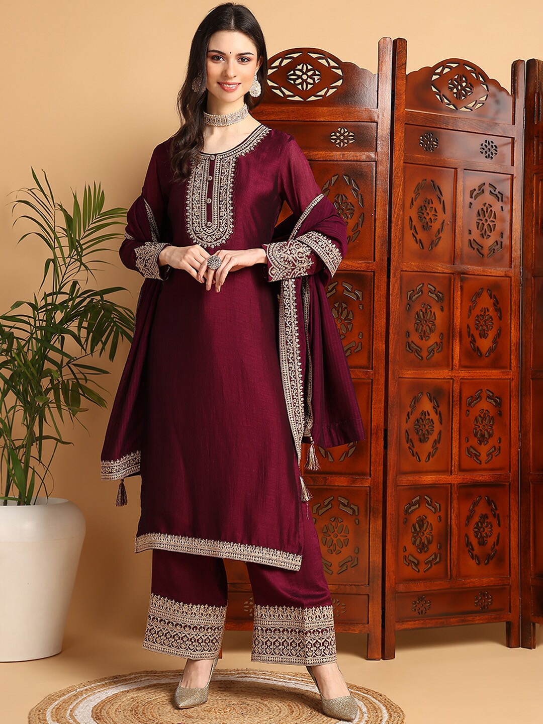 

AHIKA Embroidered Regular Kurta with Palazzos & Dupatta, Magenta