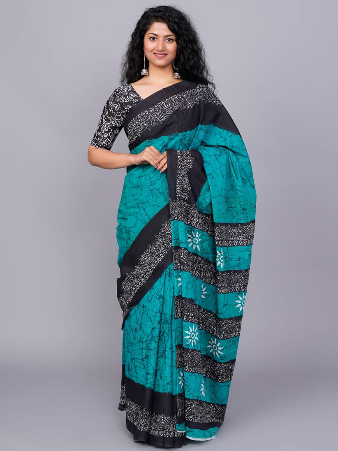 

JALTHER Ethnic Motifs Printed Pure Cotton Saree, Turquoise blue